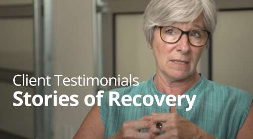 Woman being interviewed with the title reading "Client Testimonials, Stories fo Recovery"